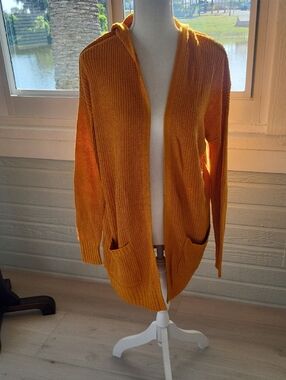 Express Open-Front Hooded Cardigan in Mustard Yellow